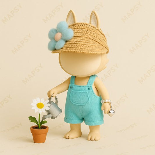 Labubu Outfit -  Complete outfit: strovisor met bloem, turquoise tuinbroekje en parelketting