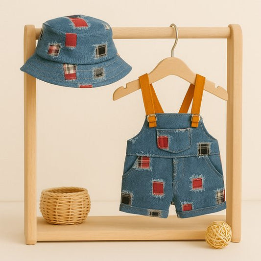 Labubu Outfit -  Denim patchwork tuinbroek met bijpassende bucket hat