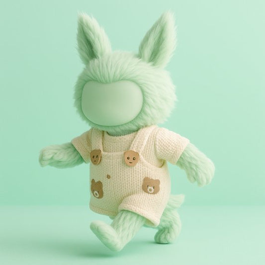 Labubu Outfit -  Beige tuinbroekje met teddybeerprint en knoopdetail