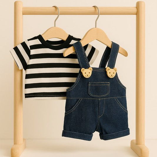 Labubu Outfit -  Gestreept shirt met denim tuinbroek en teddybeerknopen