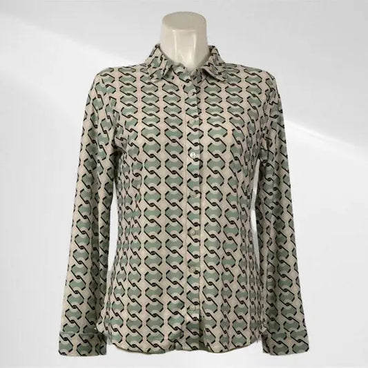Angelle Milan - Beige/Groene travelstof Blouse voor Dames - Travelstof - Comfort - Strijkvrij - Duurzaam - In 5 maten! - Mapsy B.V