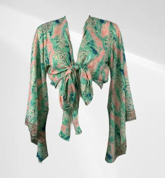 Festival tai top - Groen met roze - Zijden - One size - In verschillende kleuren verkrijgbaar - Mapsy B.V