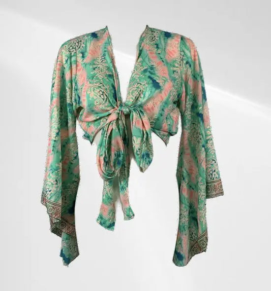 Festival tai top - Groen met roze - Zijden - One size - In verschillende kleuren verkrijgbaar - Mapsy B.V