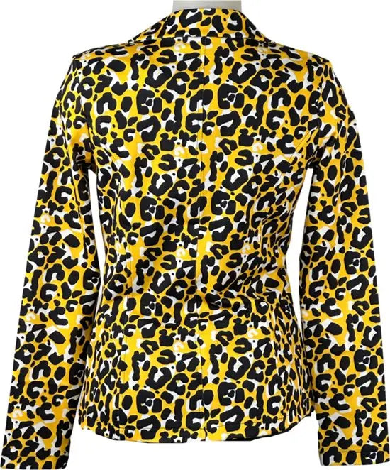 Angelle Milan - Geel-Zwarte bloemen print travelstof blazer voor Dames - Travelstof - Comfort - Strijkvrij - Duurzaam - In 5 maten! - Mapsy B.V