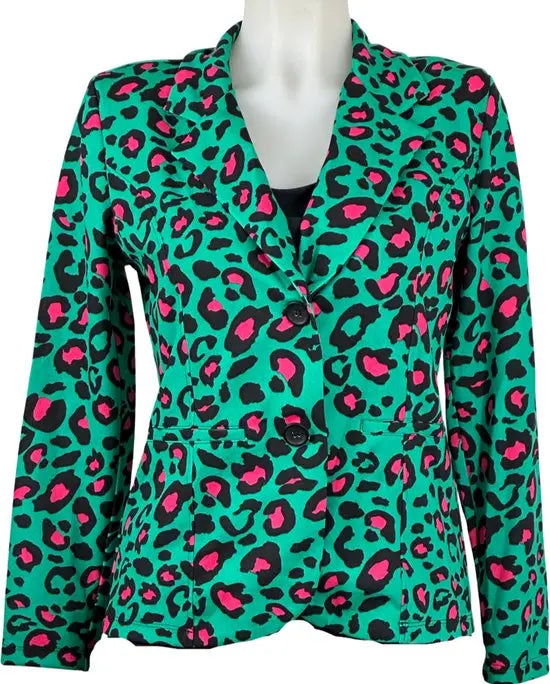Angelle Milan - Groen-fuchsia print travelstof blazer voor Dames - Travelstof - Comfort - Strijkvrij - Duurzaam - In 5 maten! - Mapsy B.V