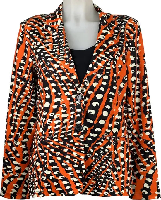 Angelle Milan - Oranje-Zwarte print blazer voor Dames - Travelstof - Comfort - Strijkvrij - Duurzaam - Maat L - In 5 maten!