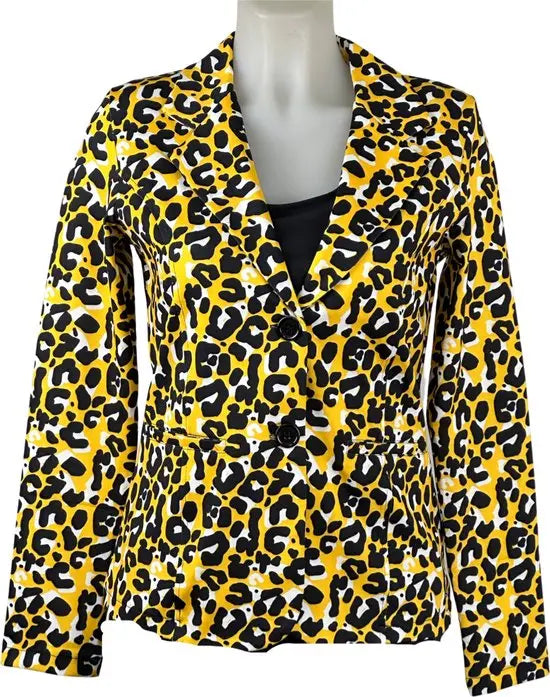 Angelle Milan - Geel-Zwarte bloemen print travelstof blazer voor Dames - Travelstof - Comfort - Strijkvrij - Duurzaam - In 5 maten! - Mapsy B.V