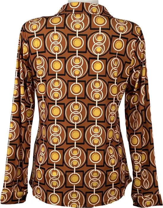 Angelle Milan - Blouse print in Bruin/Geel voor Dames - Travelstof - Comfort - Strijkvrij - Duurzaam - Maat M - In 5 maten!