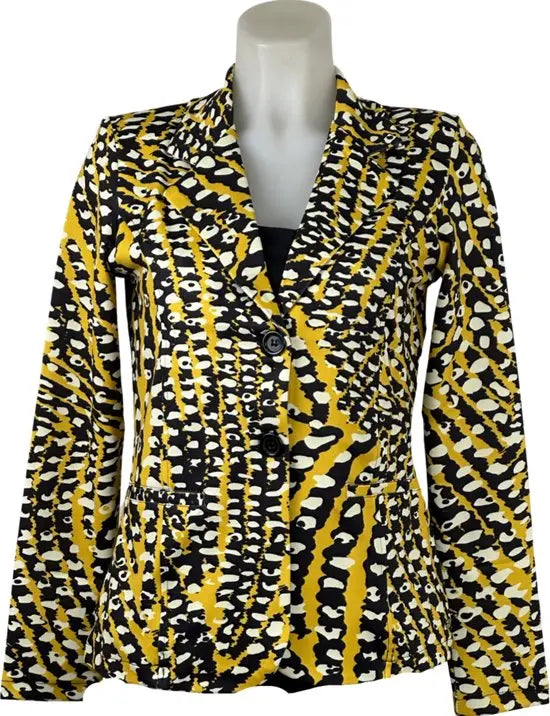 Angelle Milan - Geel-Zwart-wit print blazer voor Dames - Travelstof - Comfort - Strijkvrij - Duurzaam - Maat XL - In 5 maten!