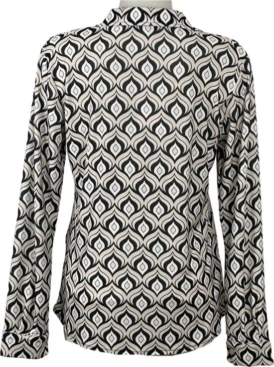 Angelle Milan - Blouse print in Beige/Zwart/Wit voor Dames - Travelstof - Comfort - Strijkvrij - Duurzaam - Maat L - In 5 maten!