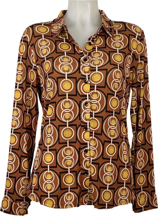 Angelle Milan - travelstof blouse - Blouse print in Bruin/Geel voor Dames - Travelstof - Comfort - Strijkvrij - Duurzaam - In 5 maten! - Mapsy B.V