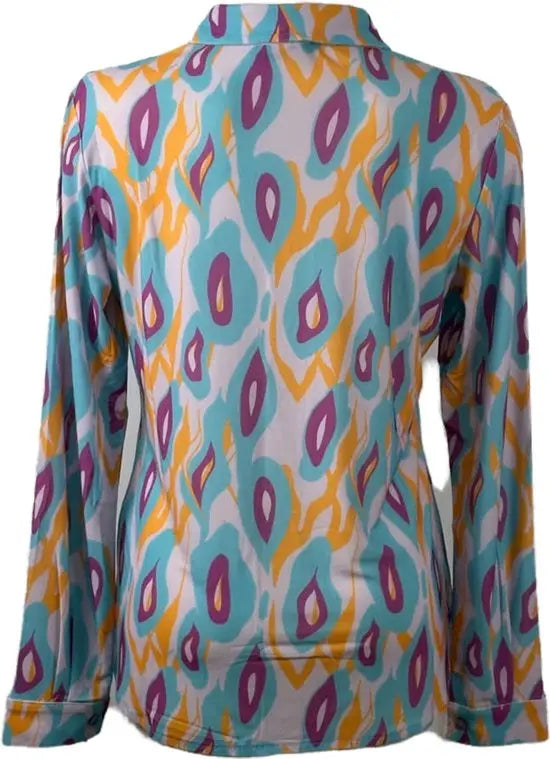 Angelle Milan - Multiblauwe/Oranje travelstof Blouse voor Dames - Travelstof - Ademend - Kreukherstellend - Duurzaam - in 5 maten! - Mapsy B.V
