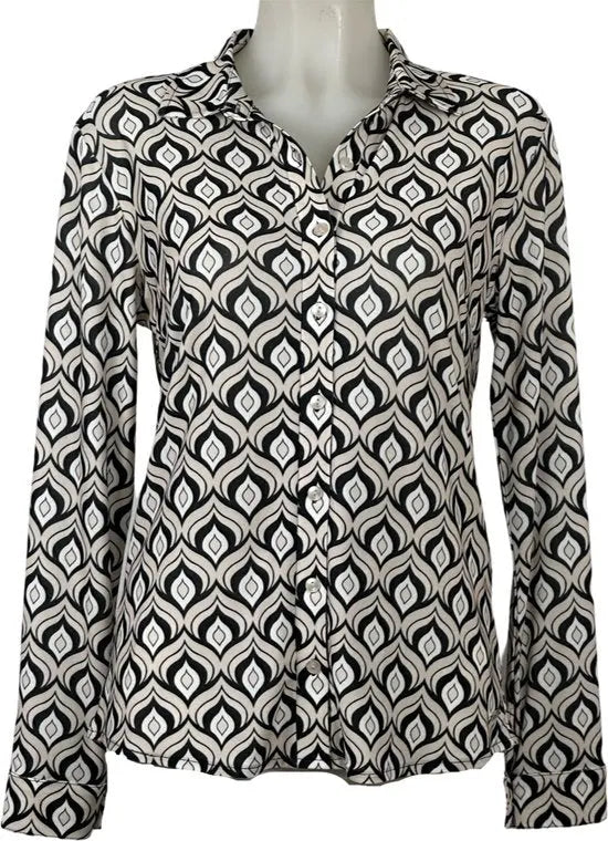 Angelle Milan - Blouse print in Beige/Zwart/Wit voor Dames - Travelstof - Comfort - Strijkvrij - Duurzaam - Maat L - In 5 maten!