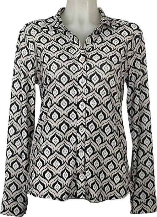 Angelle Milan - travelstof blouse - Blouse print in Beige/Zwart/Wit voor Dames - Travelstof - Comfort - Strijkvrij - Duurzaam - In 5 maten! - Mapsy B.V