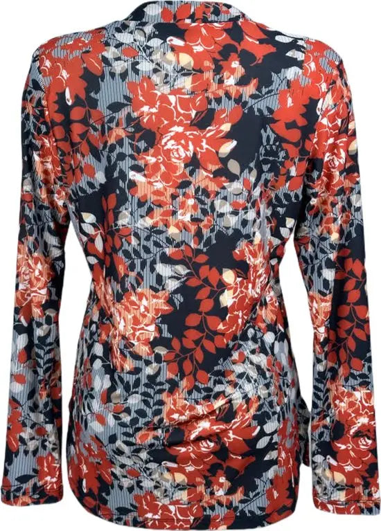 Angelle Milan – Travelkleding voor dames – Rood/Blauwe bloemen blouse – Ademend – Kreukvrij – Duurzame Jurk - In 5 maten - Maat L