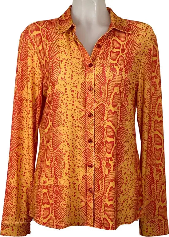 Angelle Milan - Blouse print in Oranje/Geel voor Dames - Travelstof - Comfort - Strijkvrij - Duurzaam - Maat L - In 5 maten!