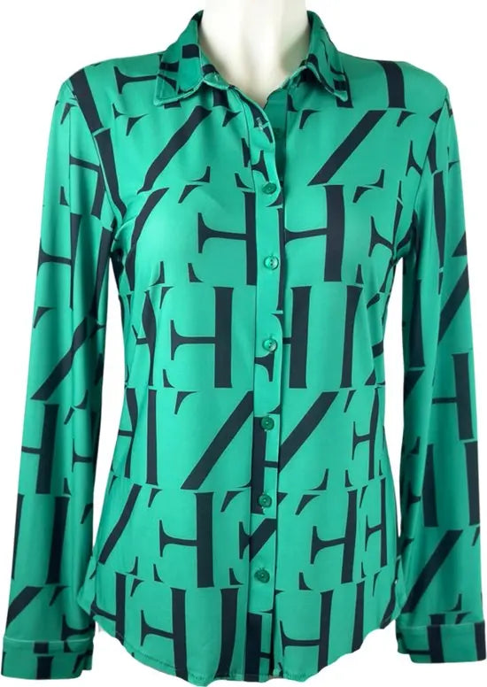Angelle Milan - Groen/Zwarte Blouse voor Dames - Travelstof - Ademend - Kreukherstellend - Duurzaam - in 5 maten! - Mapsy B.V