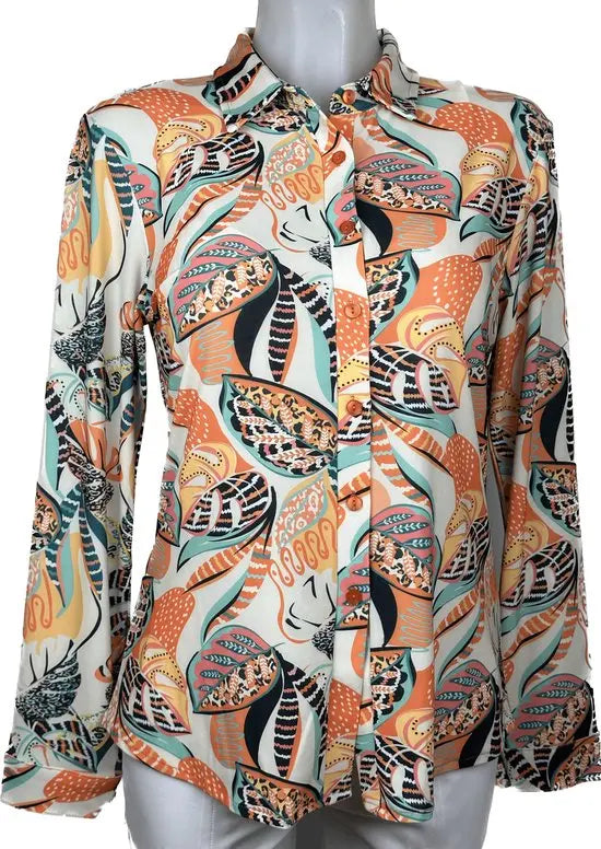 Angelle Milan - Oranje Jungleprint Blouse voor Dames - Travelstof - Strijkvrij - Stretch - Duurzaam - Maat XXL - in 5 maten!