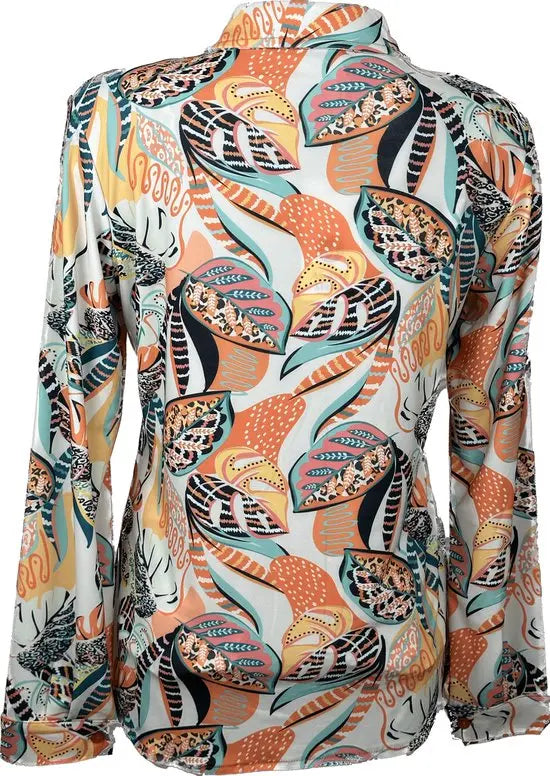 Angelle Milan - travelstof blouse - Oranje Jungleprint Blouse voor Dames - Travelstof - Strijkvrij - Stretch - Duurzaam - in 5 maten! - Mapsy B.V