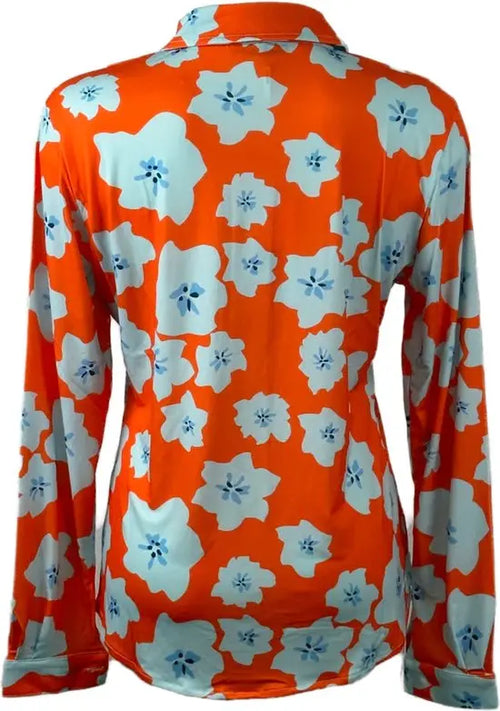 Angelle Milan - Oranje/Lichtblauwe travelstof Blouse voor Dames - Travelstof - Ademend - Kreukherstellend - Duurzaam - in 5 maten! - Mapsy B.V