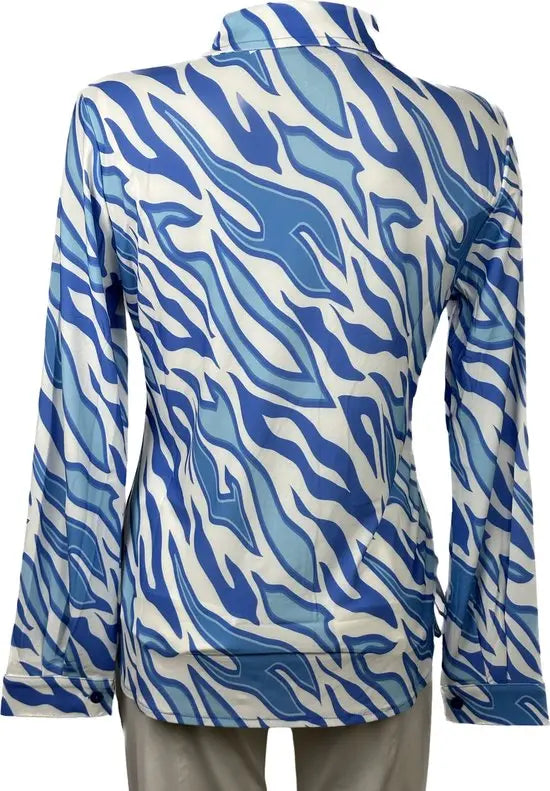 Angelle Milan - Witblauwe print Blouse voor Dames - Travelstof - Strijkvrij - Stretch - Duurzaam - Maat S - in 5 maten!