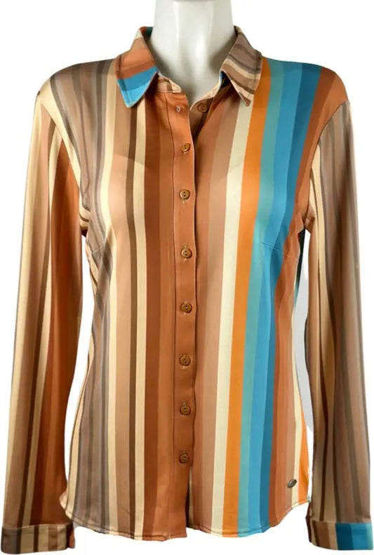 Angelle Milan - travelstof blouse - Streepjes Multi-Bruine Blouse voor Dames - Travelstof - Ademend - Kreukherstellend - Duurzaam - in 5 maten! - Mapsy B.V