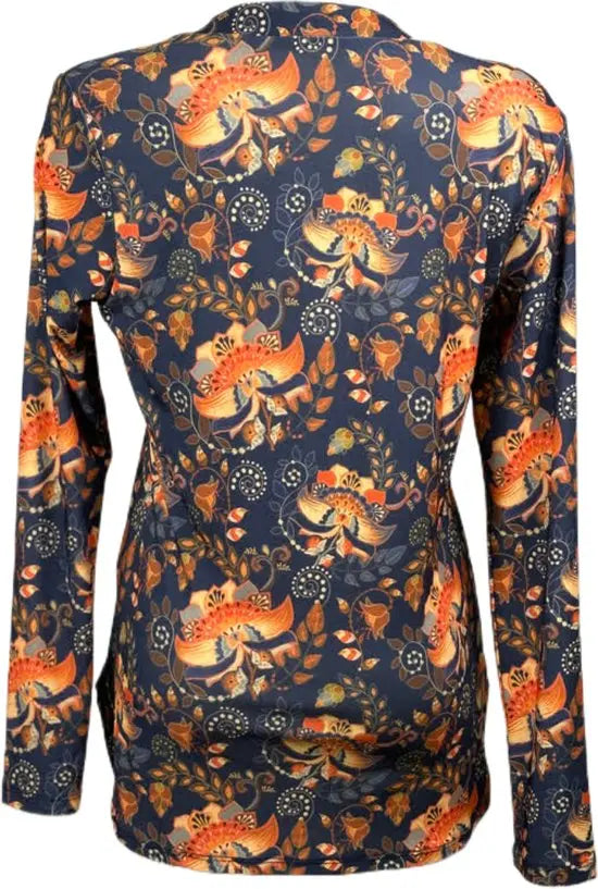 Angelle Milan – travelstof blouse – Navy Oranje bloemen blouse – Ademend – Kreukvrij – Duurzame Blouse - Mapsy B.V