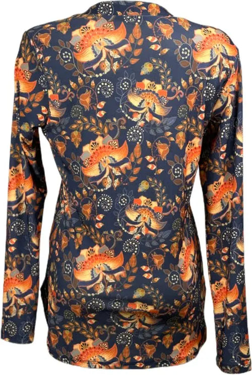 Angelle Milan – travelstof blouse – Navy Oranje bloemen blouse – Ademend – Kreukvrij – Duurzame Blouse - Mapsy B.V