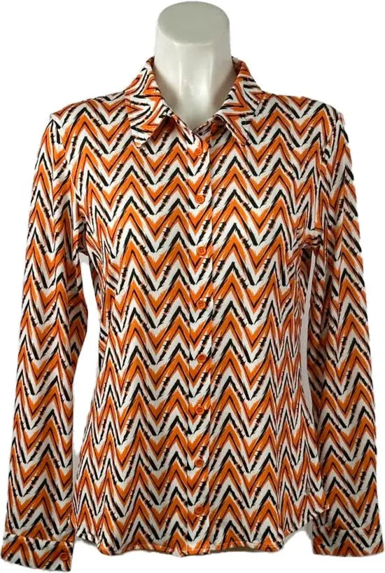 Angelle Milan - Oranje/Zwarte Blouse voor Dames - Travelstof - Ademend - Kreukherstellend - Duurzaam - in 5 maten!