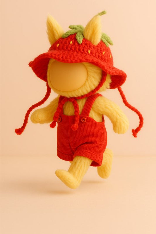 Labubu Outfit - Gehaakte aardbei-hoed & rode ribstof overall