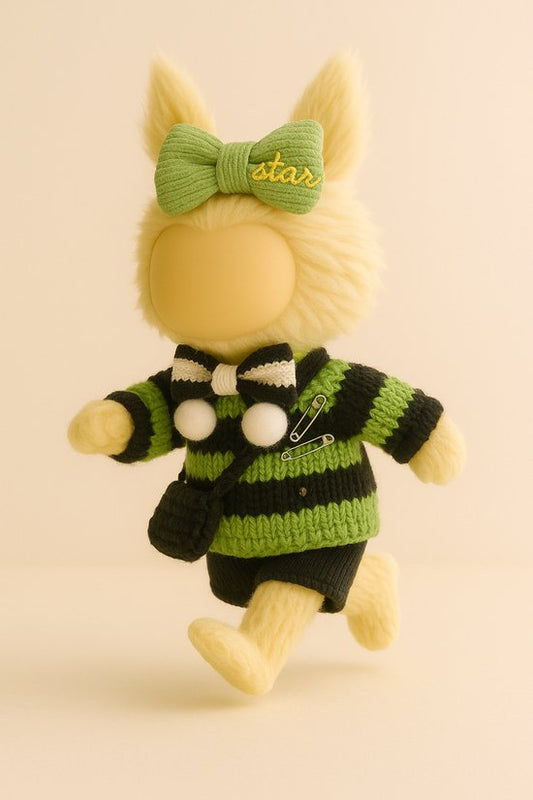 Labubu Outfit - Groen-zwart gebreide trui, zwarte schoudertas, strikjes en accessoires