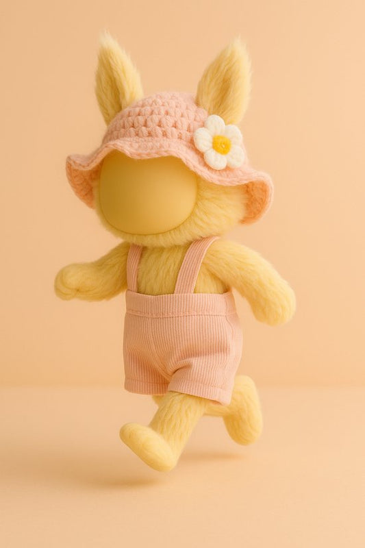 Labubu Outfit - gehaakte roze bloemenhoed & roze ribstof overall
