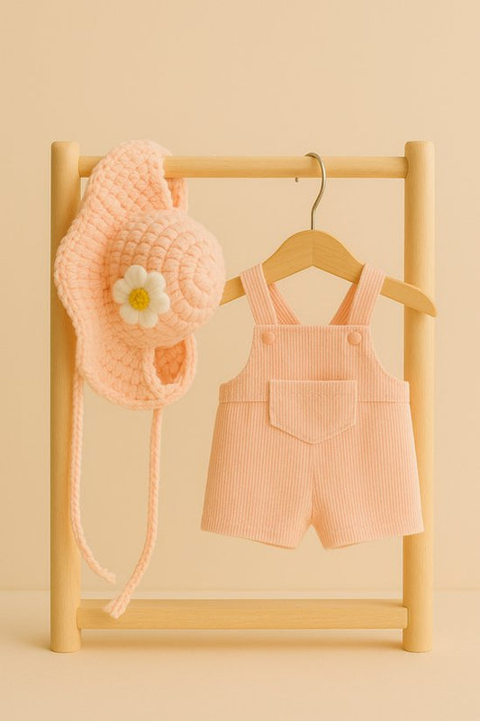 Labubu Outfit - gehaakte roze bloemenhoed & roze ribstof overall