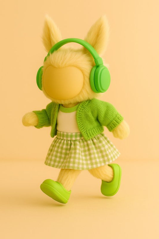 Labubu Outfit - groen gebreid vest + groen-wit shirt + groen geruite rok + groene schoenen + groene hoofdtelefoon