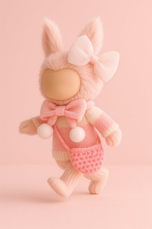 Labubu Outfit - roze gebreide trui, tas, sjaal en strik