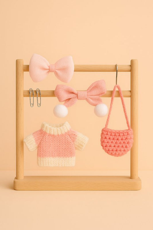 Labubu Outfit - roze gebreide trui, tas, sjaal en strik