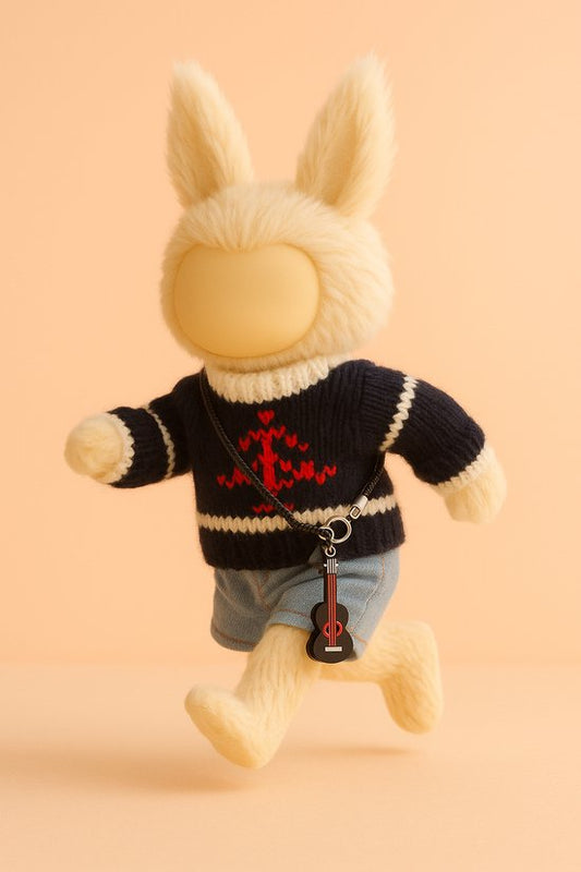 Labubu Outfit - gebreide trui met rood motief, jeans short en gitaar tasje