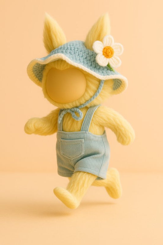 Labubu Outfit - gehaakte blauwe hoed met bloem & lichtblauwe short-overall