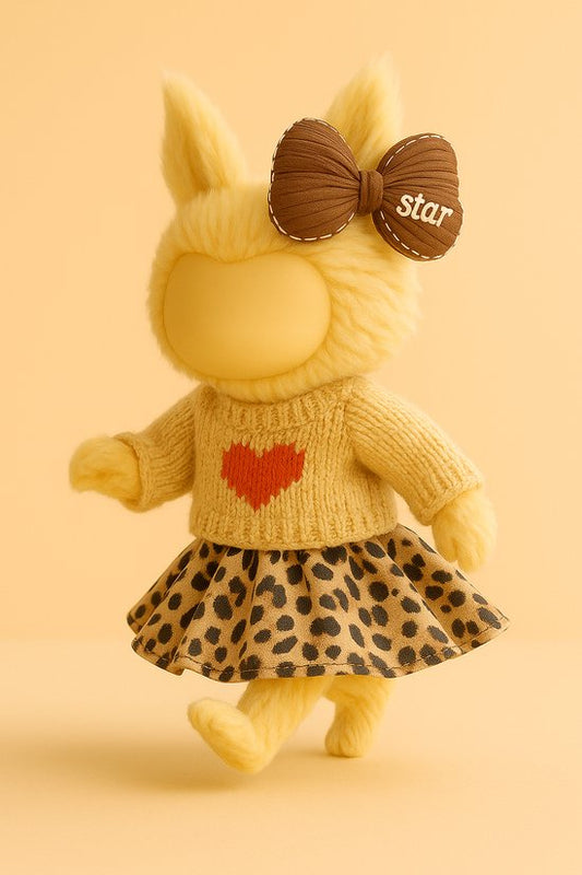 Labubu Outfit - gebreide trui met rood hart, bruin ‘Star’ strikje en luipaard scrunchie rok