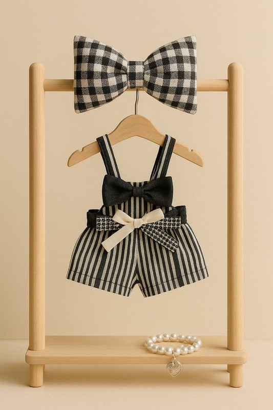 Labubu Outfit - Zwart-wit jurkje met strik, parelarmband & haarstrik