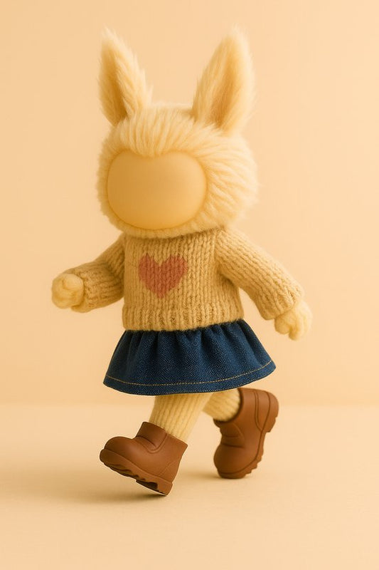 Labubu Outfit - Gebreide trui met hartmotief, denim short & bruine schoentjes