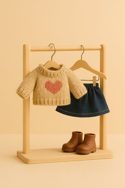 Labubu Outfit - Gebreide trui met hartmotief, denim short & bruine schoentjes