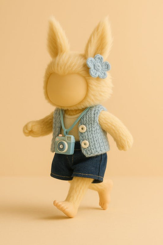 Labubu Outfit - Blauwe gebreide top met denim short, bloemhaarclip & camera-tasje