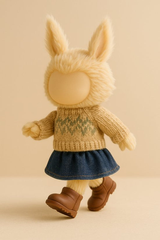 Labubu Outfit - Gebreide camel trui met patroon, denim rokje en bruine schoentjes