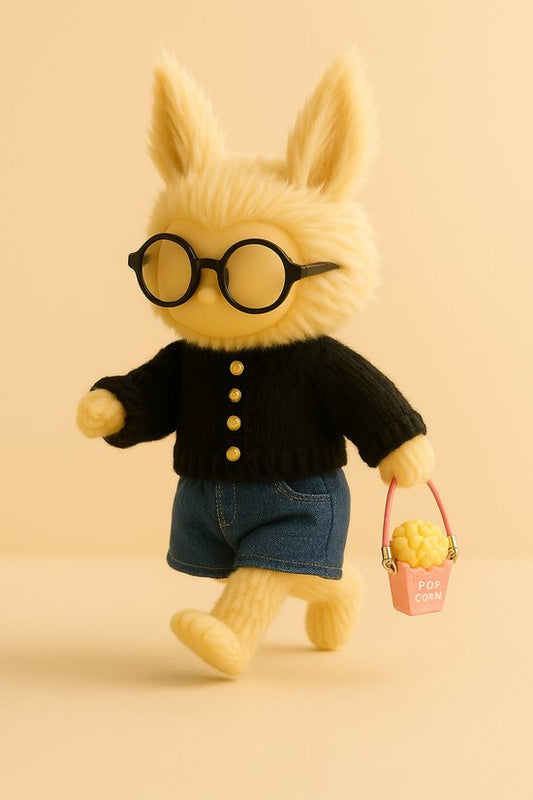 Labubu Outfit - Compleet outfitje: gebreid zwart topje, denim short, bril en popcorn tas