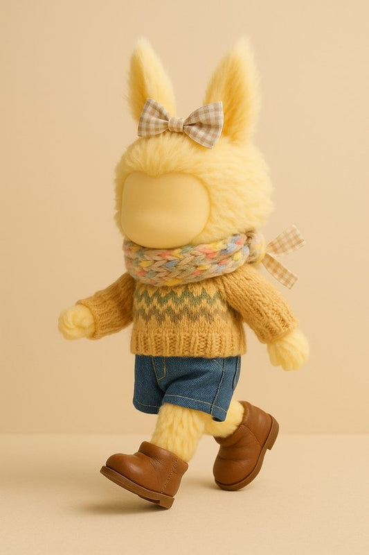 Labubu Outfit - Gebreide camel trui met denim short en gebreide sjaal
