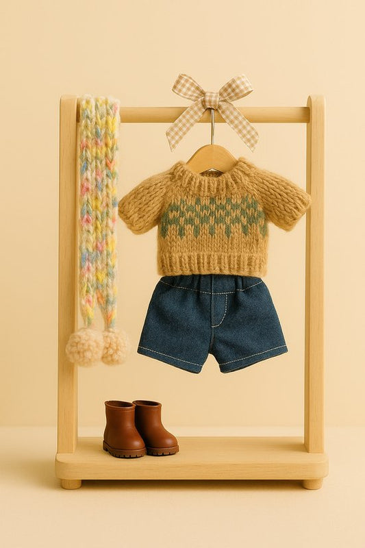 Labubu Outfit - Gebreide camel trui met denim short en gebreide sjaal