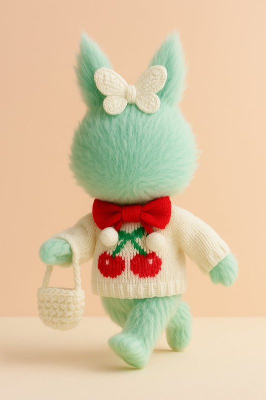 Labubu Outfit - Witte gebreide kersensweater met rode strik, gebreide tas en witte haarstrik