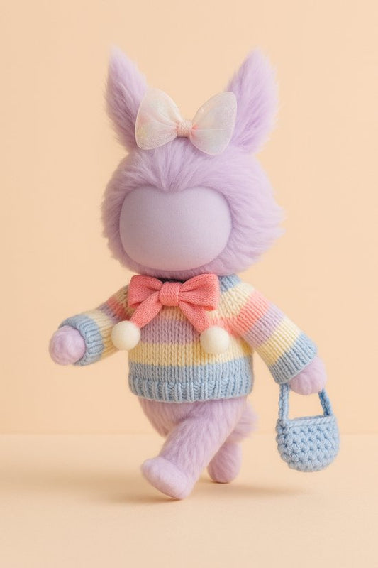 Labubu Outfit -  Gebreide regenboogtrui met roze strik, pastel haarstrik en gebreide tas