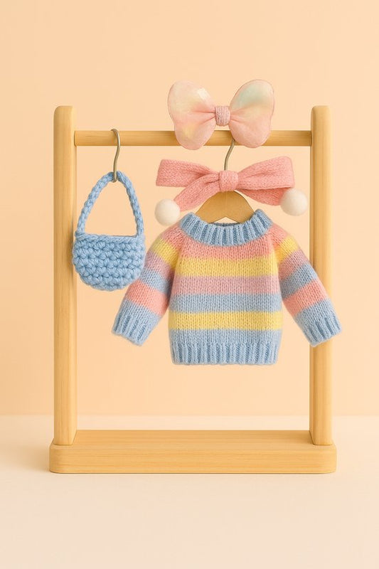 Labubu Outfit -  Gebreide regenboogtrui met roze strik, pastel haarstrik en gebreide tas